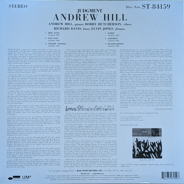 Image of Back Cover of LP - NEW/NEW - ANDREW HILL, Judgement! (Bluenote; 84159, Worldwide 2025 Reissue, 180 Gram Vinyl), , Andrew Hill's Judgment! stands as a remarkable entry in the Blue Note catalog, originally recorded on January 8, 1964, during the label's golden era of avant-garde jazz exploration. This session captures Hill's distinctive compositional voice alongside the powerhouse drumming of Elvin Jones, who performed by courtesy of Impulse Records, creating a dynamic interplay between Hill's forwar