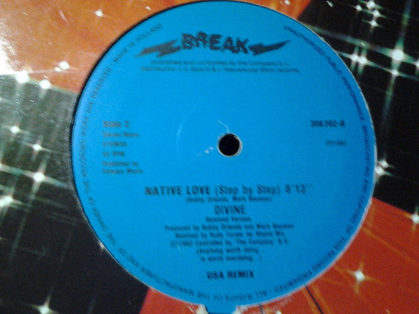 Image of Label Cover of 12" - G+/VG - DIVINE, Native Love (Step By Step) (Break Records; 308202, Netherlands 1982, Company Sleeve), Split at bottom of sleeve, A) Native Love (Step By Step)B) Native Love (Step By Step) (Remixed Version / USA Remix) - 2216364C
