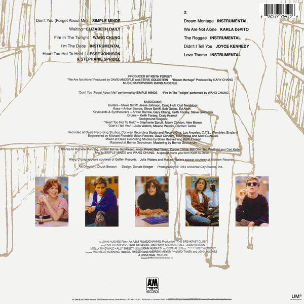 Image of Back Cover of LP - VG+/VG+ - VARIOUS, The Breakfast Club (Original Motion Picture Soundtrack) (A&M Records; B0016615-01, US 2012 Reissue, White Vinyl), ,  - 2246264S