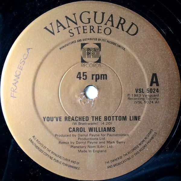 Image of Front Cover of 12" - G/G+ - CAROL WILLIAMS, You've Reached The Bottom Line (Vanguard; VSL 5024, UK 1983, Titled Company Sleeve), Sleeve very worn and scuffed, with rips and sticker damage,  - 2216426C