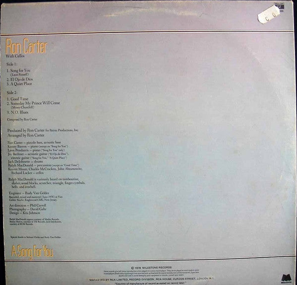 Image of Back Cover of LP - VG/VG+ - RON CARTER, A Song For You (Milestone; M-9086, UK 1978), ,  - 2226285E