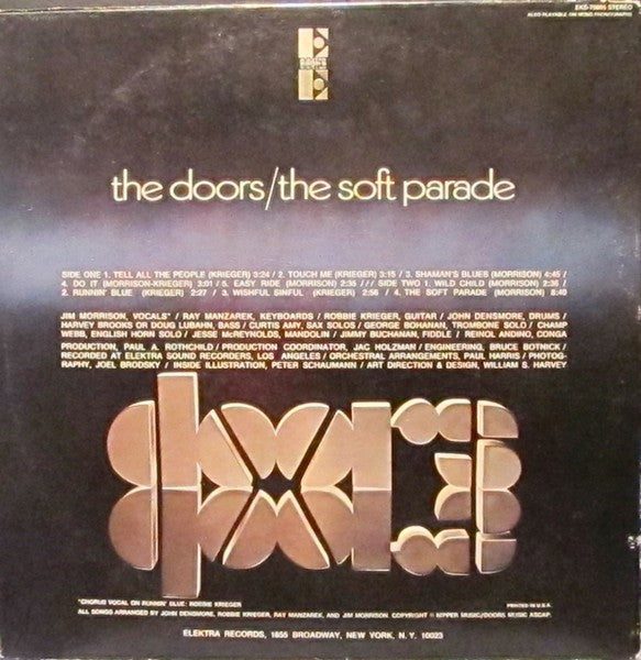 Image of Back Cover of LP - G+/G+ - THE DOORS, The Soft Parade (Elektra Red & White; EKS75005, US 1970 Reissue, Gatefold, NO Inner, Terre Haute Pressing, CTH in Run Out), Sleeve has split seam & corner cut.,  - 2316066C