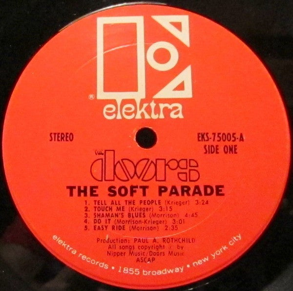 Image of Label Cover of LP - G+/G+ - THE DOORS, The Soft Parade (Elektra Red & White; EKS75005, US 1970 Reissue, Gatefold, NO Inner, Terre Haute Pressing, CTH in Run Out), Sleeve has split seam & corner cut.,  - 2316066C