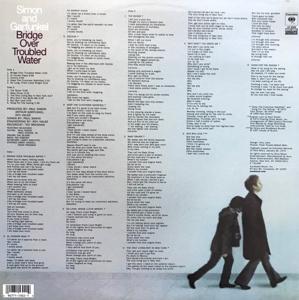 Image of Back Cover of LP - VG/VG+ - SIMON AND GARFUNKEL, Bridge Over Troubled Water (Sundazed Music; LP 5302, US 2012 Reissue), Ring wear,  - 2246271S