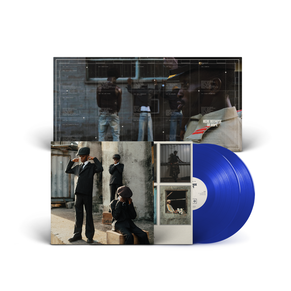 Image of Back Cover of 2xLP - NEW/NEW - EZRA COLLECTIVE, Here Because of Hope (Partisan Records; PTSN3069-3, UK 2026, Gatefold, Inner, Transparent Ocean Blue), ,  Ezra Collective's Here Because Of Hope is the most ambitious and personal record of their career - conceived as a body of work split into three spiritual and geographical movements, the album traces the movement of Black people across continents and decades, from the music of Africa to the rhythms of the Caribbean, and home to the streets of Londo