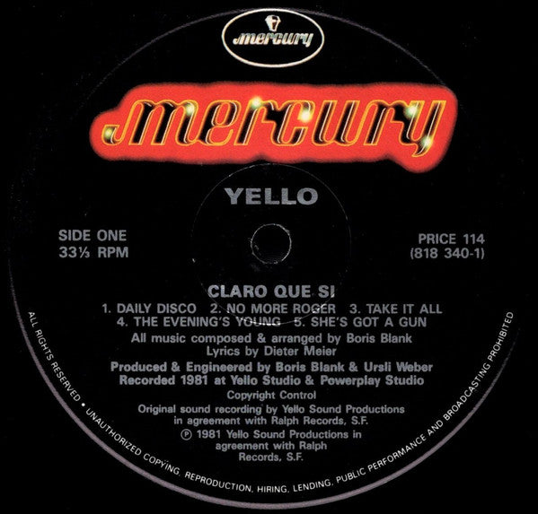 Image of Label Cover of LP - VG/VG+ - YELLO, Claro Que Si (Mercury; PRICE 114, UK & Europe 1988 Reissue, Company Inner), ,  - 2226289E