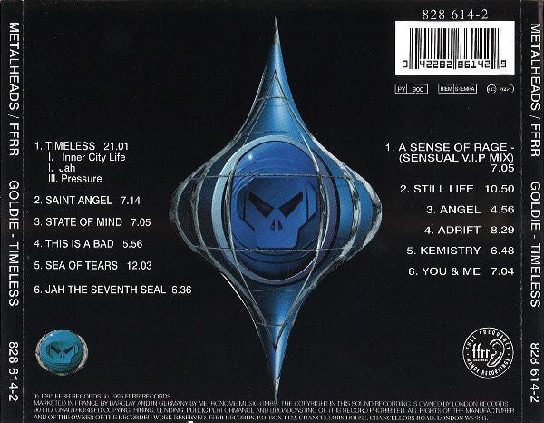 Image of Back Cover of CD - VG/VG+ - GOLDIE, Timeless (Metalheadz; 828 614-2, Europe 1995), ,  - 2256125S