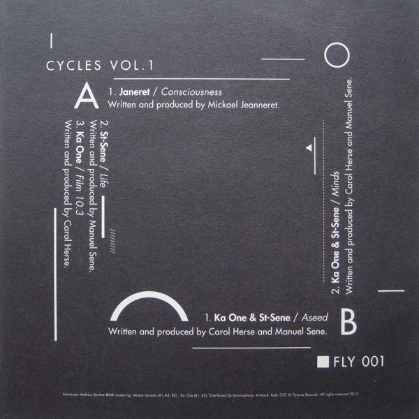 Image of Back Cover of 12" - VG/VG+ - VARIOUS, Cycles Vol. 1 (Flyance Records; FLY 001, France 2014, Picture Sleeve), , A1 Janeret   ConsciousnessA2 St-Sene   LifeA3 Ka One   Film 10.3B1 Ka One & St-Sene   AseedB2 Ka One & St-Sene   Minds - 2226311E
