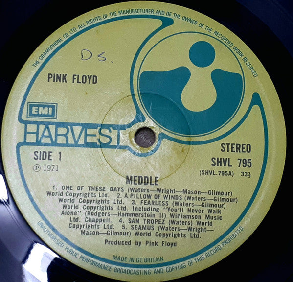 Image of Label Cover of LP - G+/F - PINK FLOYD, Meddle (Harvest Green & Yellow Labels With EMI Box ; SHVL 795, UK 1971, Fully Textured Gatefold, A3/B-1U Runouts), Disc covered in hairlines and light marks, Sleeve has small split on bottom edge,  - 2216385C
