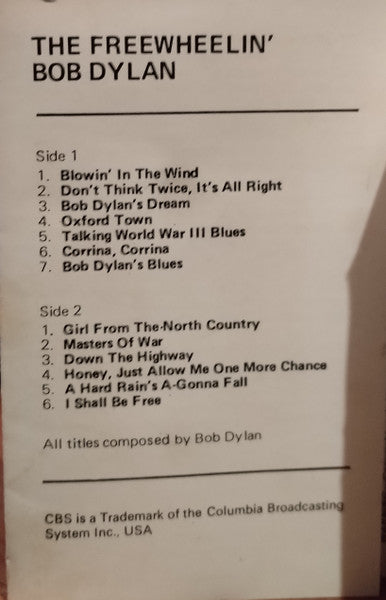 Image of Back Cover of Cassette - VG/VG - BOB DYLAN, The Freewheelin' Bob Dylan (CBS Orange Paper Labels; 40-62193, UK Reissue, Grey Shell, No Indenture), J-card/labels age discoloured.,  - 2216452C
