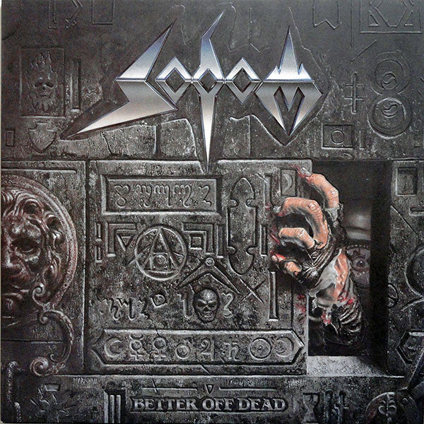 Image of Front Cover of LP - VG+/VG - SODOM, Better Off Dead (Steamhammer; SPV 008-76261, Europe 1990, Embossed Sleeve, Inner & Merch Sheet, White Label B side), White label on B side. Light hairlines. Small writing on inner. Light edge wear.,  - 2226083E