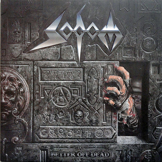 Image of Front Cover of LP - VG+/VG - SODOM, Better Off Dead (Steamhammer; SPV 008-76261, Europe 1990, Embossed Sleeve, Inner & Merch Sheet, White Label B side), White label on B side. Light hairlines. Small writing on inner. Light edge wear.,  - 2226083E
