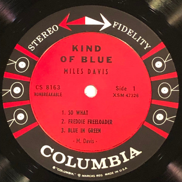 Image of Label Cover of LP - G+/G+ - MILES DAVIS, Kind Of Blue (Columbia; CS 8163, US 1959, Original U.S. pressing), Record has hairlines in line with a VG but there's a patch of side 1 that looks like it's been stained - does not clean off. This patch provides audible crackle, other pops and crackle too elsewhere. Side 2 has less surface noise. Sleeve has edgewear and spotty ringwear. Discolouration to rear sleeve.,  - 2226357E