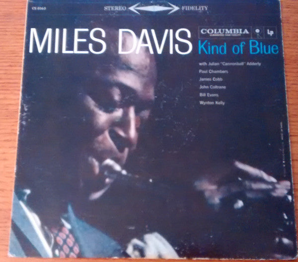 Image of Front Cover of LP - G+/G+ - MILES DAVIS, Kind Of Blue (Columbia; CS 8163, US 1959, Original U.S. pressing), Record has hairlines in line with a VG but there's a patch of side 1 that looks like it's been stained - does not clean off. This patch provides audible crackle, other pops and crackle too elsewhere. Side 2 has less surface noise. Sleeve has edgewear and spotty ringwear. Discolouration to rear sleeve.,  - 2226357E
