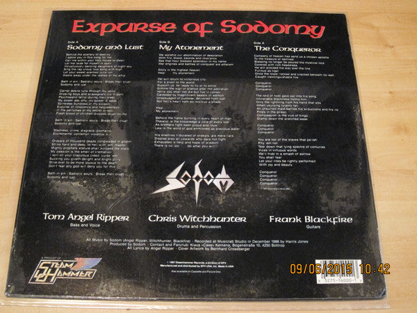 Image of Back Cover of 12" - VG+/VG+ - SODOM, Expurse Of Sodomy (Steamhammer; SHE 4000, US 1987, Clear Vinyl), Nice copy. Still in shrinkwrap with hype sticker. Light wear to opening edge.,  - 2226084E