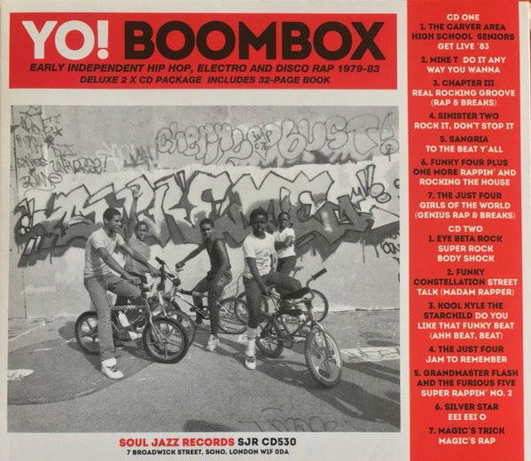 Image of Back Cover of 2xCD - VG+/VG+ - VARIOUS, Yo! Boombox (Early Independent Hip Hop, Electro And Disco Rap 1979-83) (Soul Jazz Records; SJR CD530, UK 2023, Card Slipcase with Duoble CD Case inside, Booklet), Still In Opened Shrinkwrap With Hype Sticker,  - 2216498C