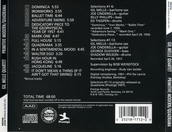 Image of Back Cover of CD - VG+/VG - GIL MELLE QUARTET*, Melle Plays Primitive Modern / Quadrama (Original Jazz Classics; OJCCD-1712-2, US 1991, Jewel Case, Booklet), ,  - 2236119E