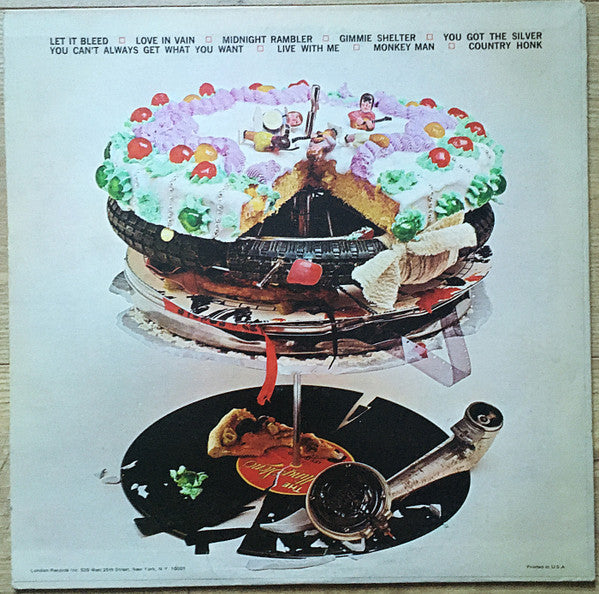 Image of Back Cover of LP - G+/VG - ROLLING STONES, Let It Bleed (London Records; NPS-4, US 1969, Pasteback Sleeve, Inner, No Poster, US First Press, AudioMatrix, Double Stamper, Without "Liner: NPS-4" on Back Of Sleeve, 'Gimmie Shelter' Credit to 'Mary Clayton'.), Light hairlines. Illegible etched X's over AudioBestway stamper. Heavy staining, seam splitting and corner creases to inner and sleeve. ,  - 2246345S