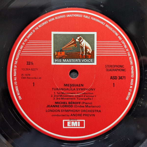 Image of Label Cover of 2xLP - VG+/VG+ - ANDRE PREVIN, LSO, Messiaen: Turangalila Symphony (HMV Red, Black and White Nipper Box; SLS 5117, UK 1978, Box Set, Booklet, Quadrophonic), ,  - 2226402E