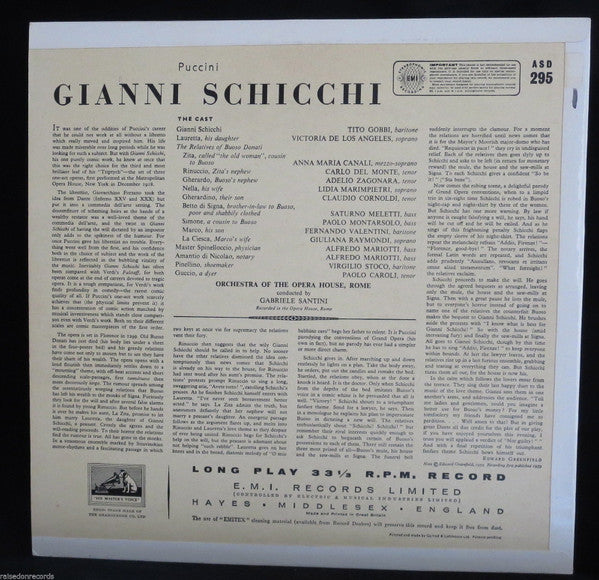 Image of Back Cover of LP - VG/VG - TITO GOBBI, VICTORIA DE LOS ANGELES, ORCHESTRA OF THE OPERA HOUSE, ROME, GABRIELE SANTINI, Puccini: Gianni Schicchi (His Master's Voice; ASD 295, UK 1959, Laminated Flipback Sleeve), Edge Wear,  - 2226403E