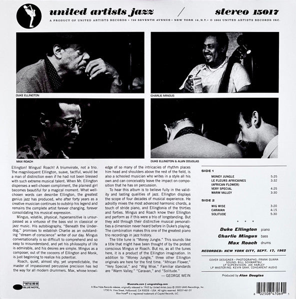 Image of Back Cover of LP - NEW/NEW - DUKE ELLINGTON, Money Jungle (Bluenote; B0031461-01, Europe 2020 Reissue, Gatefold), , On September 17, 1962, Duke Ellington, Charles Mingus and Max Roach gathered at Sound Makers studio in NYC and recorded Money Jungle, one of the most celebrated jazz trio albums of all time. Generational and stylistic differences between the three masters led to fearless music-making of the highest order. The album was originally released on United Artists and featured 7 of Ellington'