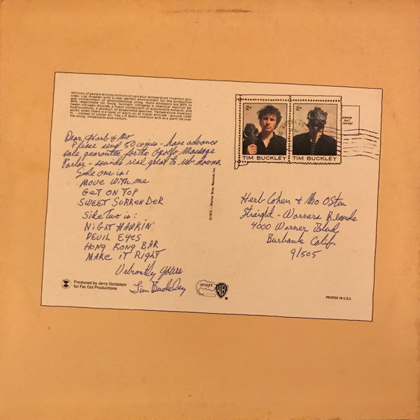 Image of Back Cover of LP - G+/VG - TIM BUCKLEY, Greetings From L.A. (WB Green; BS2631, US 1972, Inside Loading Gatefold Sleeve, Postcard Missing, Inner), ,  - 2226410E