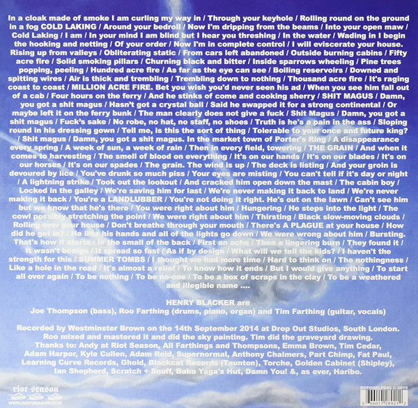 Image of Back Cover of LP - VG+/VG+ - HENRY  BLACKER, Summer Tombs (Riot Season; REPOSELP045, UK 2015, Stickered Outer Plastic Sleeve, Blue Vinyl, Ltd to 300), ,  - 2346006S