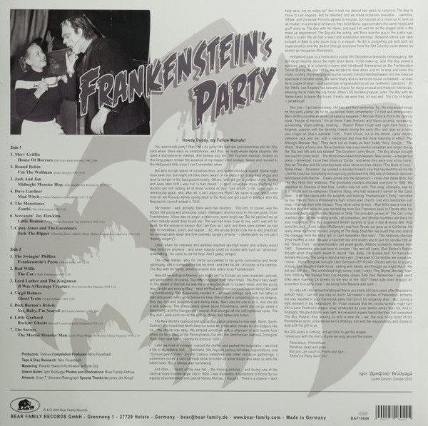 Image of Back Cover of LP - EX/EX - VARIOUS, Frankenstein's Party (14 Boppin' Brainbenders From The Boneyard) (Bear Family Records; BAF 18044, Germany 2025, Company Insert), Still In Opened Shrinkwrap,  - 2316015C