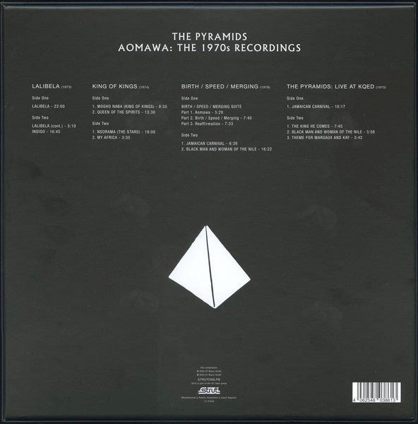 Image of Back Cover of 4xLP - G+/EX - THE PYRAMIDS, Aomawa (The 1970s Recordings) (Strut; STRUT290LPB, Europe 2022, Box Set, Booklet), Box would be EX but for split seam along bottom corners. Otherwise looks great. Discs look barely touched, Aomawa: The 1970s Recordings features fully remastered editions of Lalibela, King of Kings, and Birth / Speed / Merging in their original artwork along with the first ever vinyl issue of their live session for KQED TV in 1975. The accompanying 12-page 12 -sized booklet 