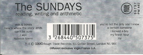 Image of Back Cover of Cassette - VG+/VG+ - THE SUNDAYS, Reading, Writing And Arithmetic (Virgin; 50737, France 1990), Nice Copy.,  - 2316007C