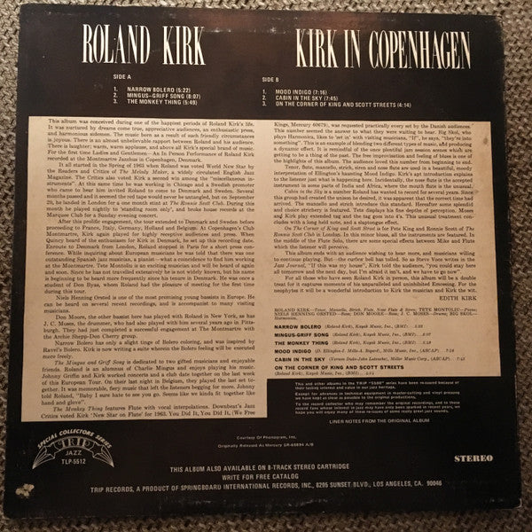 Image of Back Cover of LP - VG/VG+ - ROLAND KIRK, Kirk In Copenhagen 1963 (TRIP; TLP-5512, US 1974 Reissue), ,  - 2226375E