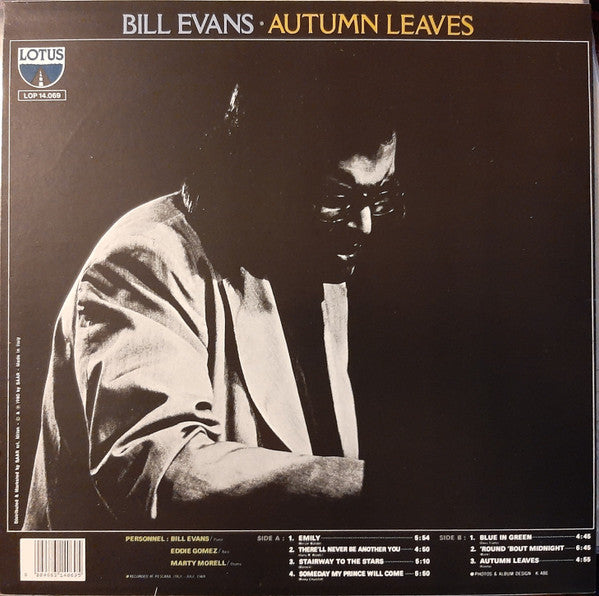 Image of Back Cover of LP - G+/VG - BILL EVANS, Autumn Leaves (Lotus; LOP 14.069, Italy Reissue), Previous owner has written the actual tracklist on the front cover in pen (tracklist on labels and sleeve is very wrong with only 3 songs listed accurately.) Light hairlines. Edgewear. Ringwear.,  - 2226418E