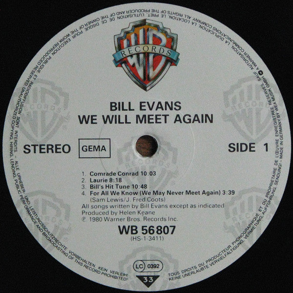 Image of Label Cover of LP - G+/VG+ - BILL EVANS, We Will Meet Again (Warner Bros. Records; WB 56 807, Europe Reissue), Label has GEMA/Biem boxed. A few of the lightest hairlines only. Sleeve has edgewear and pen writing on rear. ,  - 2226423E