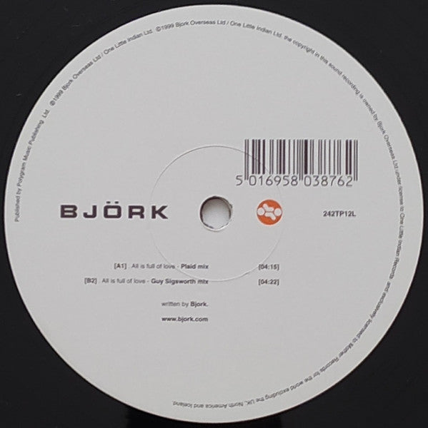 Image of Front Cover of 12" - VG/VG+ - BJORK, All Is Full Of Love (Plaid Remix / Guy Sigsworth Remix) (One Little Indian; 242TP12L, UK 1999, Plain Die Cut Sleeve), ,  - 3846242S