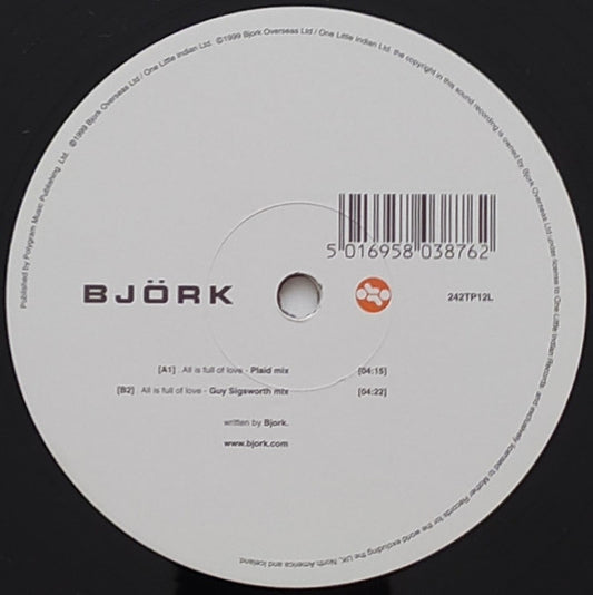 Image of Front Cover of 12" - VG/VG+ - BJORK, All Is Full Of Love (Plaid Remix / Guy Sigsworth Remix) (One Little Indian; 242TP12L, UK 1999, Plain Die Cut Sleeve), ,  - 3846242S