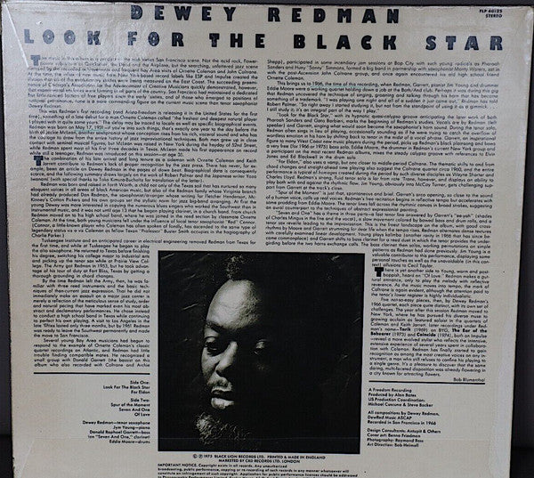 Image of Back Cover of LP - VG/VG - DEWEY REDMAN, Look For The Black Star (Freedom; FLP 40125, UK 1975), A few light hairlines.,  - 2326029E