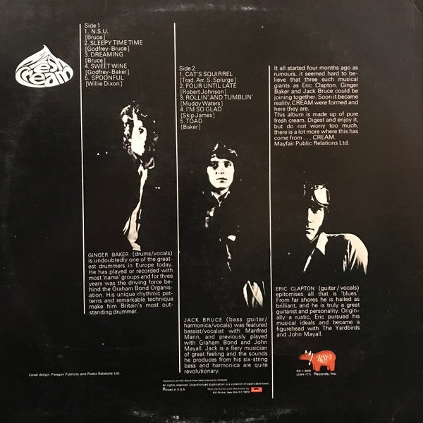 Image of Back Cover of LP - VG/VG - CREAM, Fresh Cream (RSO; RS-1-3009, US 1977 Reissue), Pen indentation on rear sleeve.,  - 2316060C