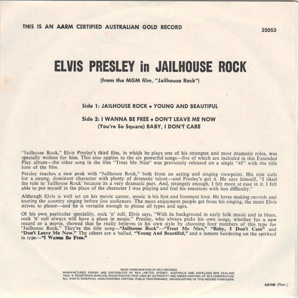 Image of Back Cover of 7" EP - VG/VG+ - ELVIS PRESLEY, Jailhouse Rock (RCA Victor; 20053, Australia Reissue, Fold Over Sleeve), ,  - 2316051C