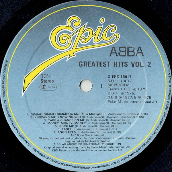Image of Label Cover of LP - G+/G+ - ABBA, Greatest Hits Vol. 2 (Epic; EPC 10017, Netherlands 1979, Gatefold, Inner, Netherlands Pressing and Sleeve), Hairlines and storage marks. Inner has marks. Sleeve is scuffed with damage to corners and creasing.,  - 2316123C
