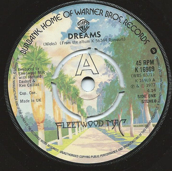 Image of Front Cover of 7" - VG/VG - FLEETWOOD MAC, Dreams (Warner Bros. Records Burbank Labels With 'A' Above Spindle; K 16969, UK 1977, Company Sleeve, 4 Prong Centre), A few wispy marks, Light sleeve wear,  - 2316084C