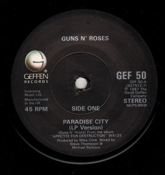 Image of Label Cover of 7" - VG/VG - GUNS N' ROSES, Paradise City (Geffen Records; GEF 50, UK 1989, Picture Sleeve), ,  - 2316049C
