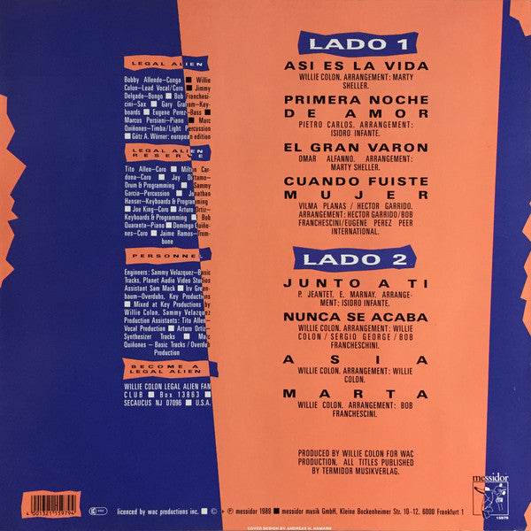 Image of Back Cover of LP - VG+/VG+ - WILLIE COLON AND THE LEGAL ALIENS, Top Secrets (Messidor; 15979, Germany 1989, Picture Sleeve, Inner), ,  - 2326063E