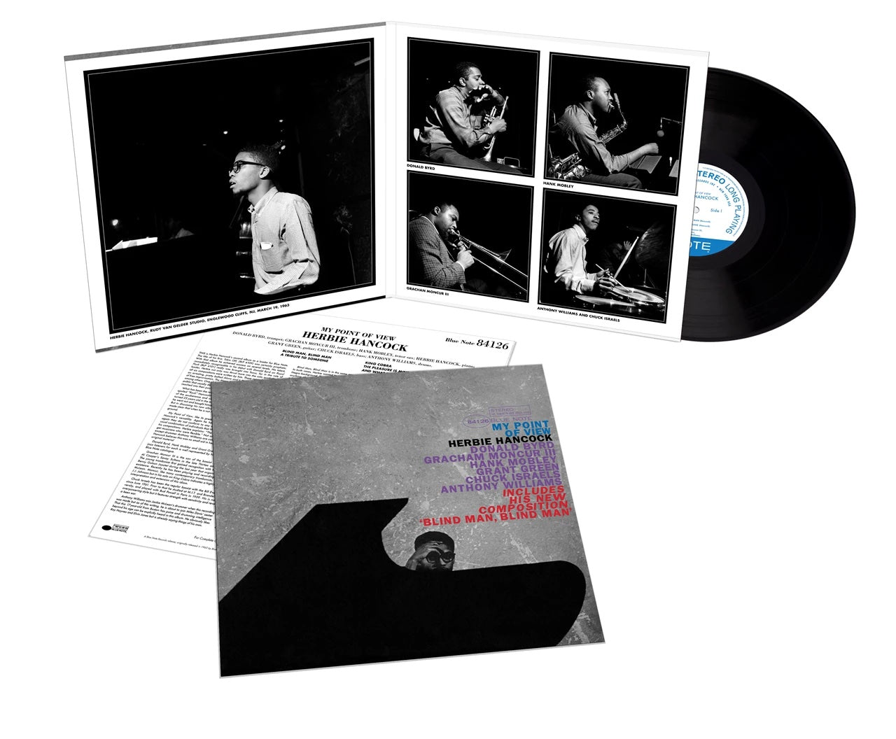 Image of Back Cover of LP - NEW/NEW - HERBIE HANCOCK, My Point Of View (Bluenote; 84126, Europe 2020 Reissue, Gatefold), , With an all-star lineup, 'My Point of View' is pianist and composer Herbie Hancock's remarkably assured second album. Featuring a program of Hancock compositions, this session from 1963 has a wondrous all-star cast: Donald Byrd on trumpet, Hank Mobley on tenor saxophone, Grachan Moncur III on trombone, Grant Green on guitar, Chuck Israels on bass, and Tony Williams on drums, who was jus