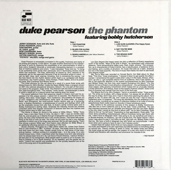 Image of Back Cover of LP - NEW/NEW - DUKE PEARSON, The Phantom (Bluenote; BST 84293, Europe 2020 Reissue, 180 Gram Vinyl), , The simmering groove of the 10-minute opening title track of Duke Pearson s magnificent 1968 album The Phantom sets the stage for one of the most under-recognized gems of the Blue Note catalog. The pianist, composer, arranger, and Blue Note stalwart assembled a superb cast of musicians including vibraphonist Bobby Hutcherson, flutist Jerry Dodgion, guitarists Sam Brown and Al Gafa, b