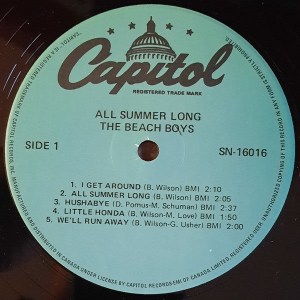Image of Label Cover of LP - VG+/VG - THE BEACH BOYS, All Summer Long (Capitol Records; SN-16016, Canada 1980 Reissue), ,  - 2316129C