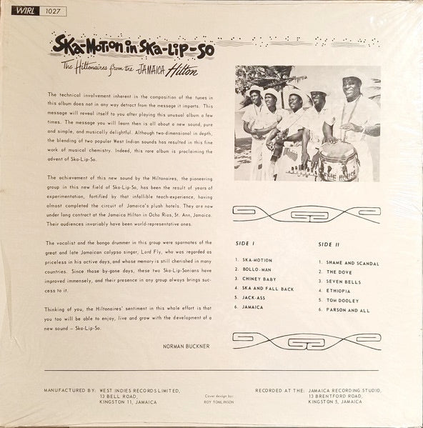 Image of Back Cover of LP - G+/G+ - THE HILTONAIRES, Ska-Motion In Ska-lip-so (WIRL; WIRL. 1027, Jamaica 1966), Very conservative grading : disc shows lots of scuffs, plays strong VG or better, shiny. Sleeve is split on both seams, but both panels look great.,  - 2316140C