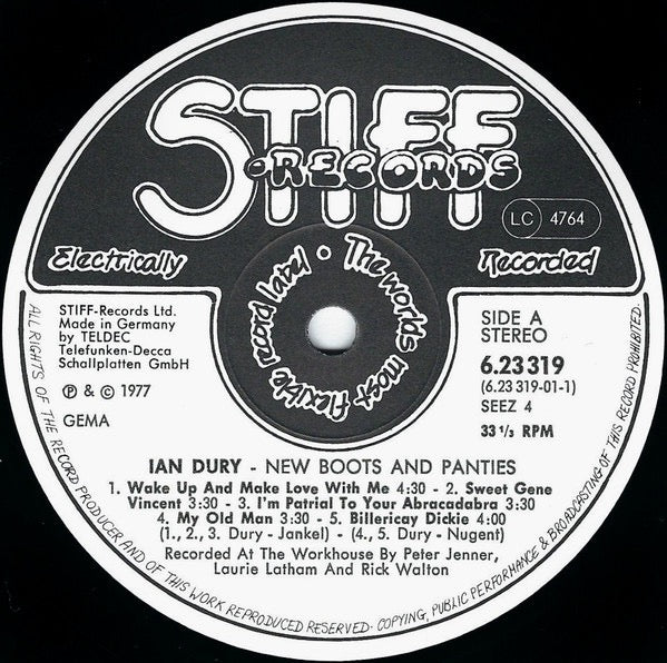 Image of Label Cover of LP - EX/VG+ - IAN DURY, New Boots And Panties!! (Stiff Records; 6.23319, Germany 1977, Inner), Still In Opened Shrinkwrap,  - 2316068C