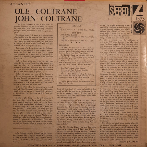 Image of Back Cover of LP - VG/VG - JOHN COLTRANE, Ol  Coltrane (Atlantic Green & Blue Label with 'Black Fan' Logo; SD 1373, US 1960s Reissue), LABEL VARIATION: Labels on this copy most similar to the 1961 original U.S. stereo - similar typeface and with 'SD1373' at top of label. However this mid-60s reissue has the black fan logo (original has white fan). Cut by Tom Dowd at Atlantic Studios (AT in deadwax). Disc has a few light hairlines. Sleeve has spotty ringwear affecting main image, edgewear.,  - 23260