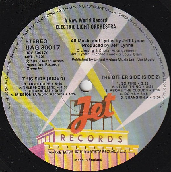 Image of Label Cover of LP - VG/VG+ - ELECTRIC LIGHT ORCHESTRA, A New World Record (Jet Records; UAG 30017, UK 1976, Embossed Laminated Sleeve, Inner With Straight Cut Corners at Top & Curved Corners at Bottom), Corner crease,  - 2346024S