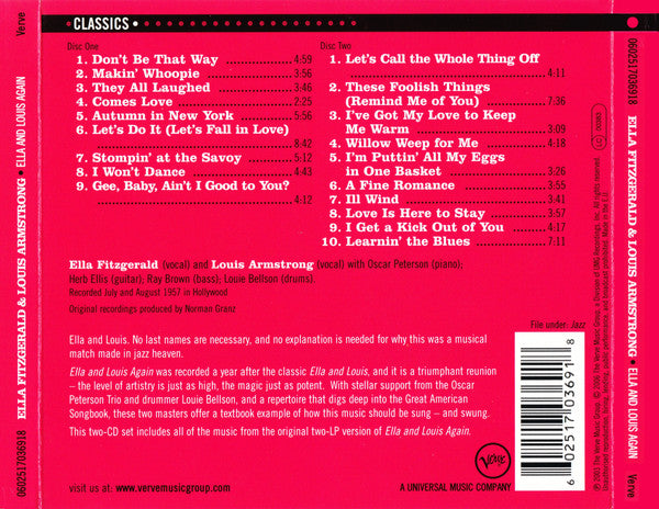 Image of Back Cover of 2xCD - VG+/VG+ - ELLA  AND LOUIS*, Ella And Louis Again (Verve Records; 60251703691, Europe 2006, Double Digipak, Booklet), ,  - 2336063E